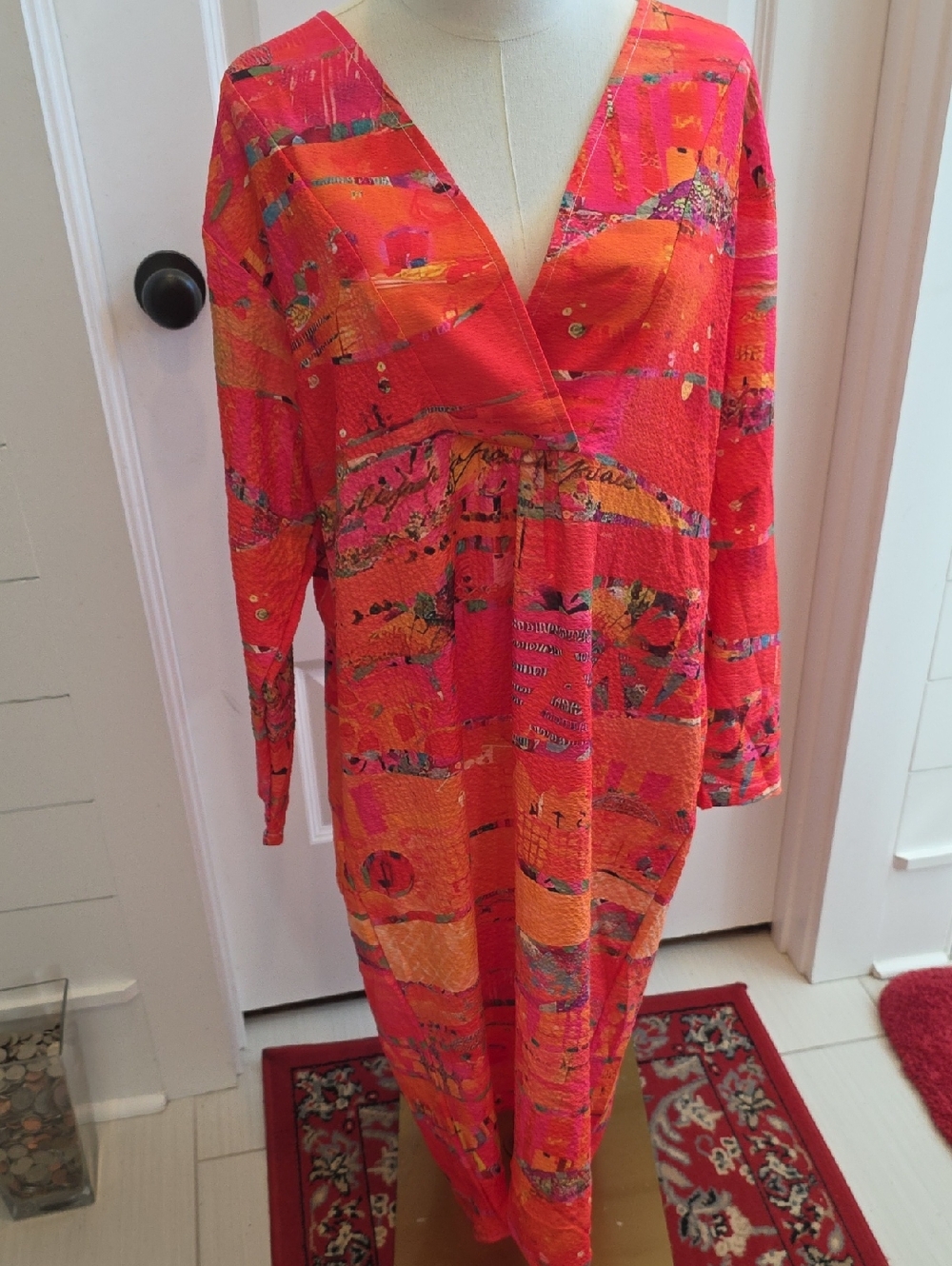 Vibrant Coral-Pink  Dress with Abstract Print Size Large. Can Fit Medium As Well